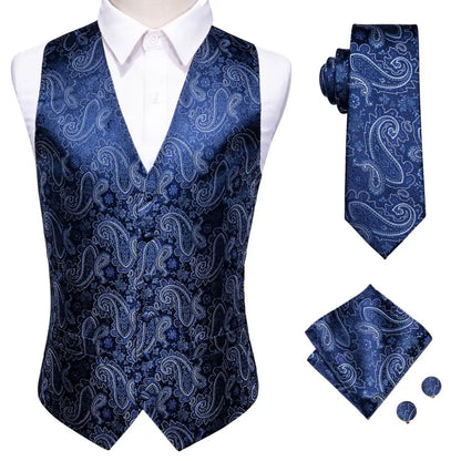 Mens Vests Tie Sets V-Neck Grey Red Purple Blue Green Pink Black Waistcoat Hanky Cufflinks Wedding Business Designer