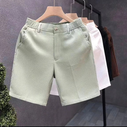 Men's Shorts Plaid Texture Solid Straight-leg Business Social Elastic Waist Button Short Pants Loose Knee Length Casual Short