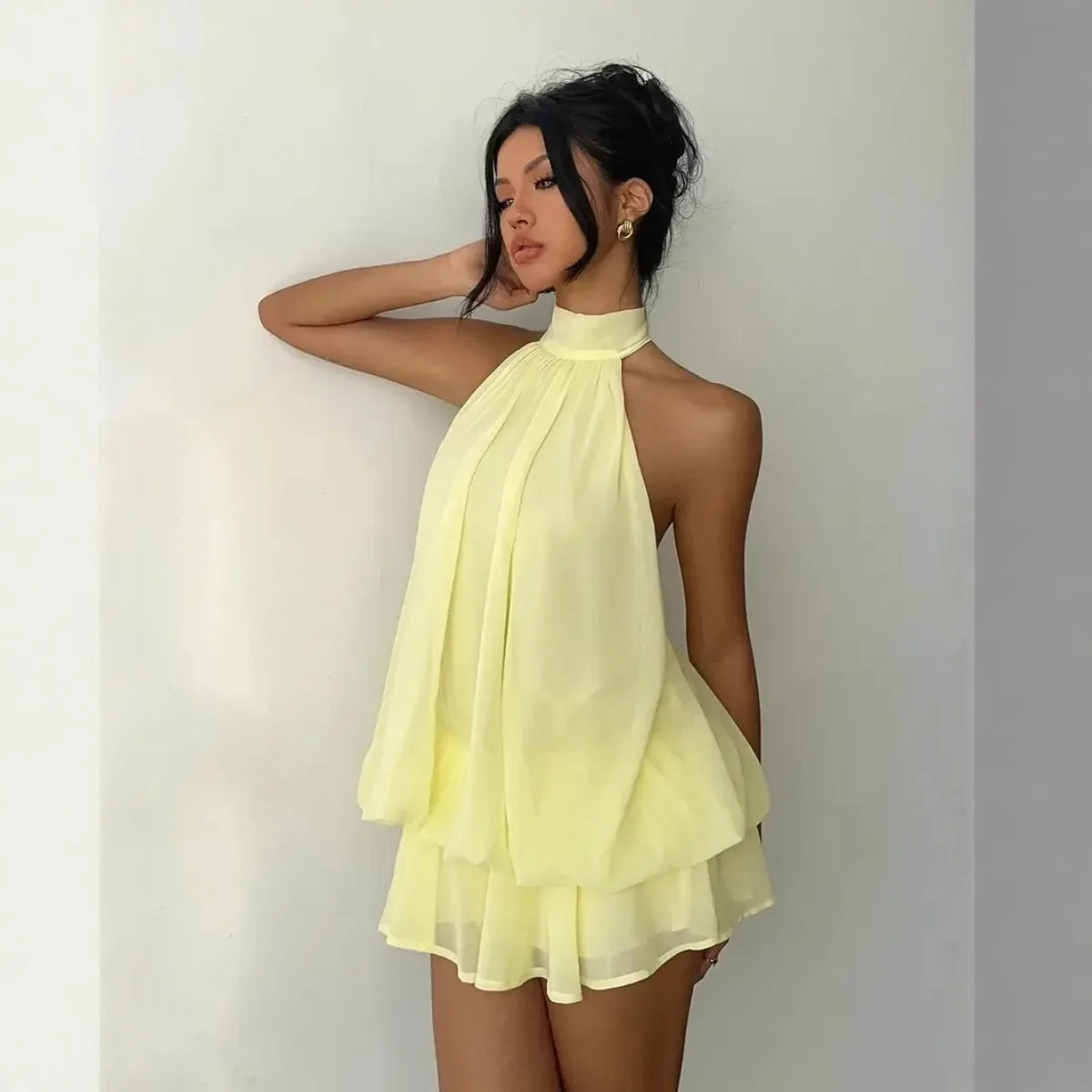 Women's Halter Neck Dress, Backless Tie-Front Chiffon Sheer Mini Skirt, Fashionable Sexy Y2K Vintage Cute Party Birthday Dress