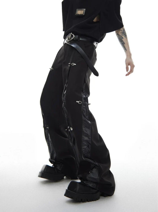 Mens Trousers Harajuku Deconstructed Streetwear Metal Buckle Suit Pants Leather Patchwork Straight Leg Loose Fit Draped Casual