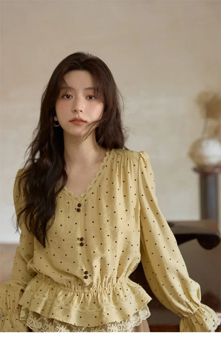 Autumn Yellow Polka Dot Linen Blouse 2025 Autumn Lace V-neck Commuter Top Flare Sleeve Elastic Waist Shirts MXE42X1975