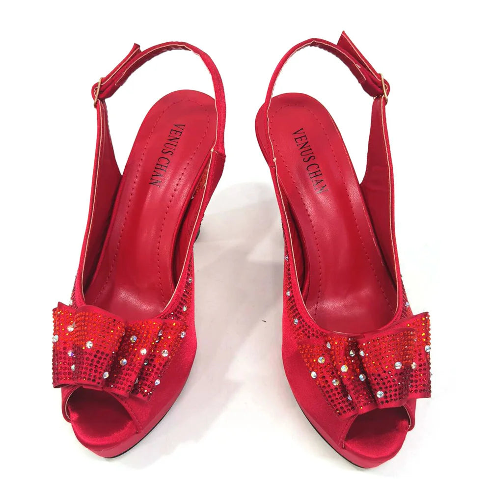 Women High Heels Sandals Printing Flower Material with Rhinestone Italian Design Coffee Color Open-Toed Shoes