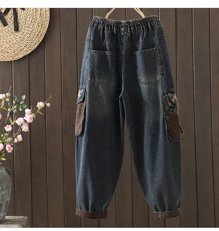 Retro Ethnic Print Patchwork Embroidered Denim Jeans Women Loose plus Size Embroidered Nine Points Harlan Pants Spring