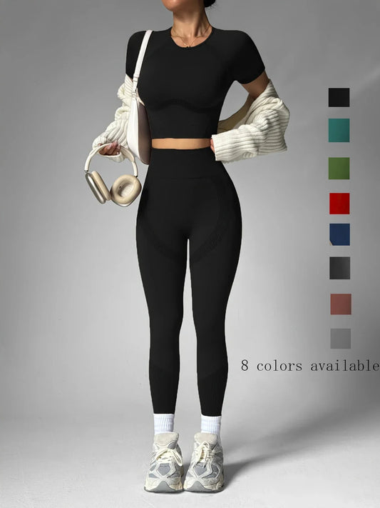 2Pcs Women's Sturdy Activewear Set, Breathable Waistless Short Sleeves and High Waist Pants, Yoga Gym Workout for Running,