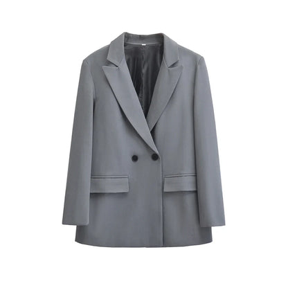 Women's Double Breasted Office Wear Blazer Coat, Long Sleeve, Flap Pockets, Female Outerwear, Chic Tops, Fashion