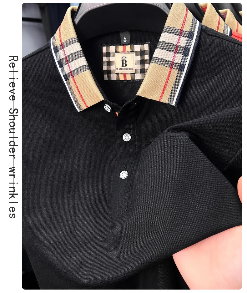 Fashion brand luxury short sleeve polo shirt men summer quality silky cotton breathable business casual striped collar T-shirt