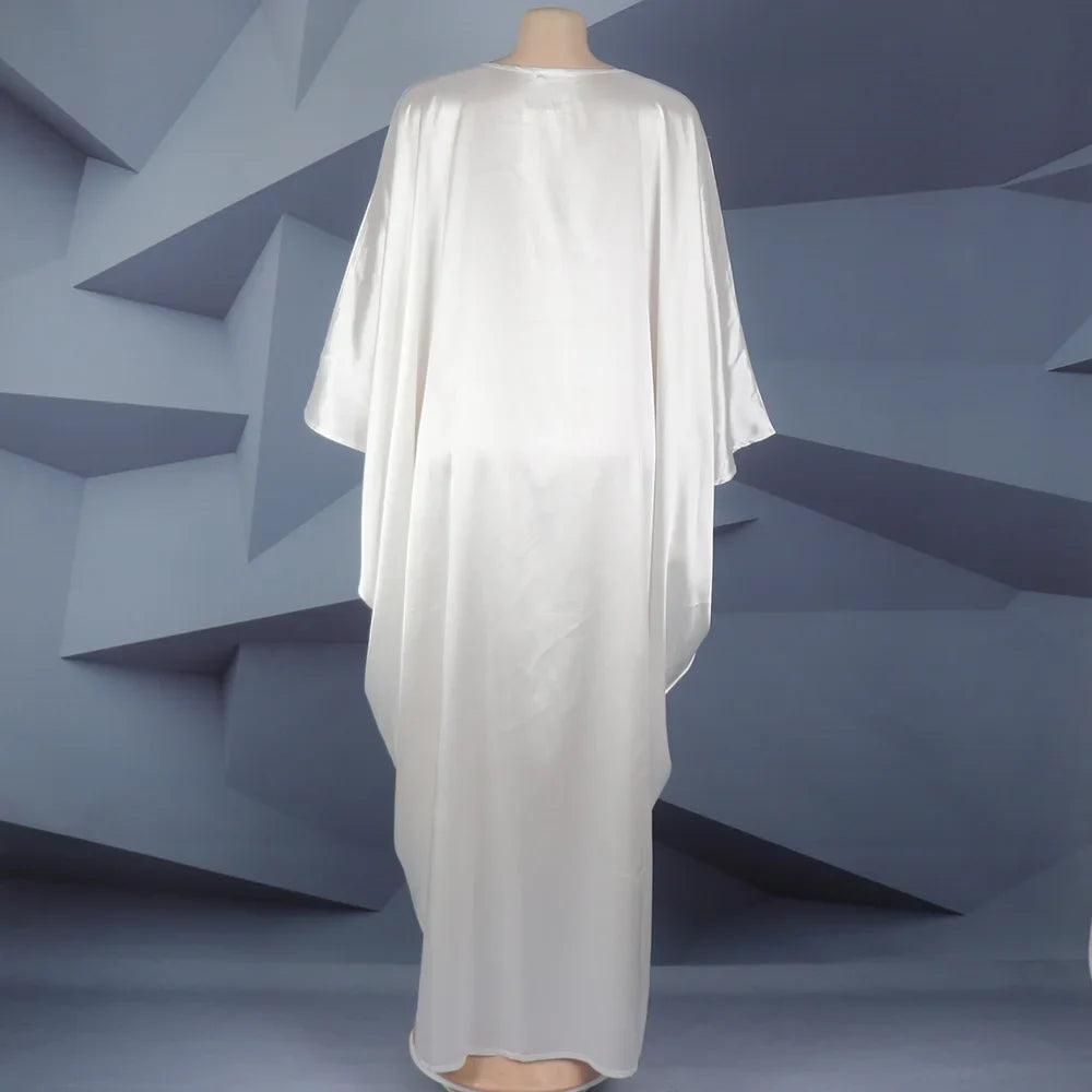 Fashion African Woman Large Size Bat Sleeve Dress Muslim Islamic Style Robe Imitation Silk Hot Fix Rhinestone