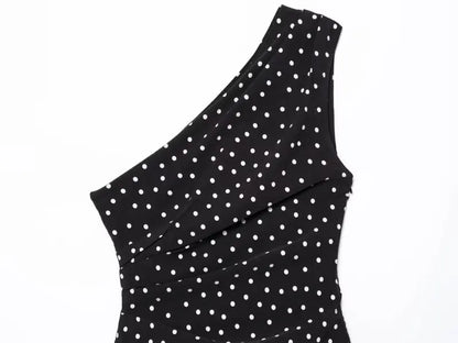 Women One Shoulder Sleeveless Polka Dot Mini Dress Ruched Waist Ruffle Hem Elegant Casual Party Short Dress Spring Summer