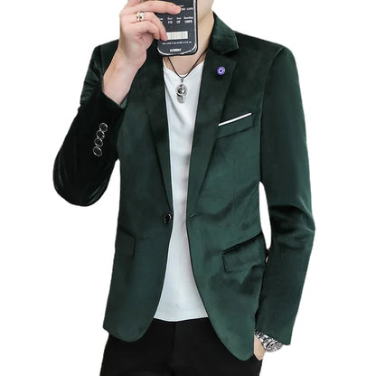2026 Men's Red Slim Suit Jacket, Long Sleeve Single Button Dress Coat, Asian Size Teenagers Blazers Blue Green Black Male Tops