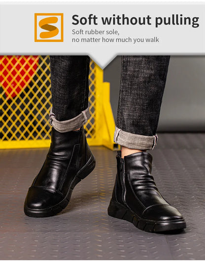 Fashion 2025 Black Leather Safety Work Shoes for Men Indestructible Steel Toe Cap Anti Nail Anti Slip Male Boots Footwear