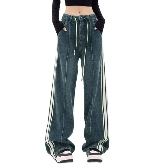 Harajuku Y2k Trendy Denim Pants Women Striped Drawstring High Waist Jeans Korean Style Vintage Loose Wide Leg Trousers