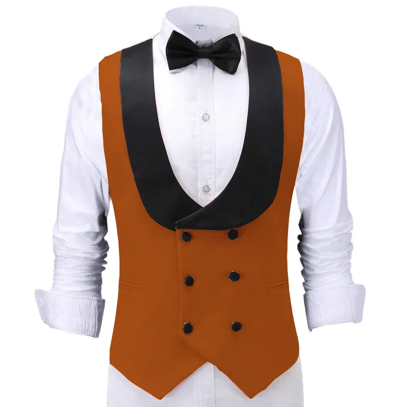 Men Vest Beige With Black Lapel Double Button Waistcoat For Banquet Birthday Wedding Business Work Formal Set Men Suit Vest