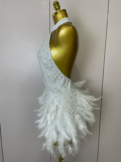 Women Luxury Rhinestones Pearls Feathers Halter Backless Short Dress Women Sexy Celebrate Birthday Dress Nightclub Stage Costume