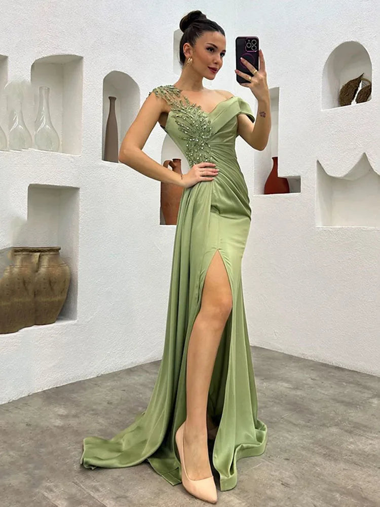 Satin Mermaid Evening Dresses Beading Lace  Saudi Arabic Prom Gowns Floor Length Formal Occasion Dress 2024 Customized