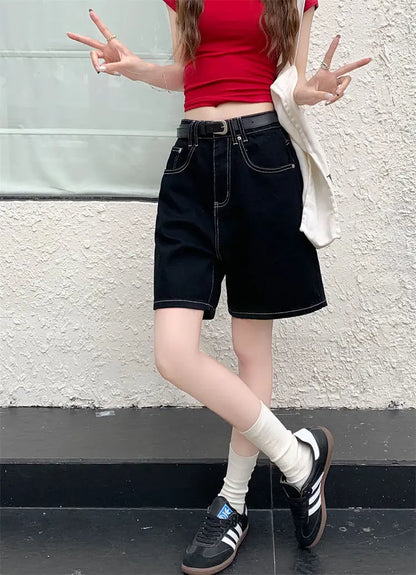 High-Waisted Straight-Leg Jeans Shorts for Women Summer New Style Slimming Black Five-Point Loose Wide-Leg Mid-Length Y2K Shorts