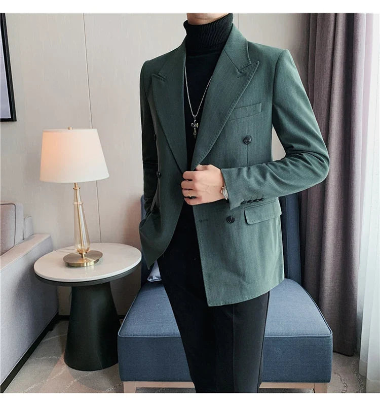 Classic Luxury Striped Men Suit Jacket Fashion Double Breasted Business Office Wedding Tuxedos Male High Quality Slim Fit Blazer