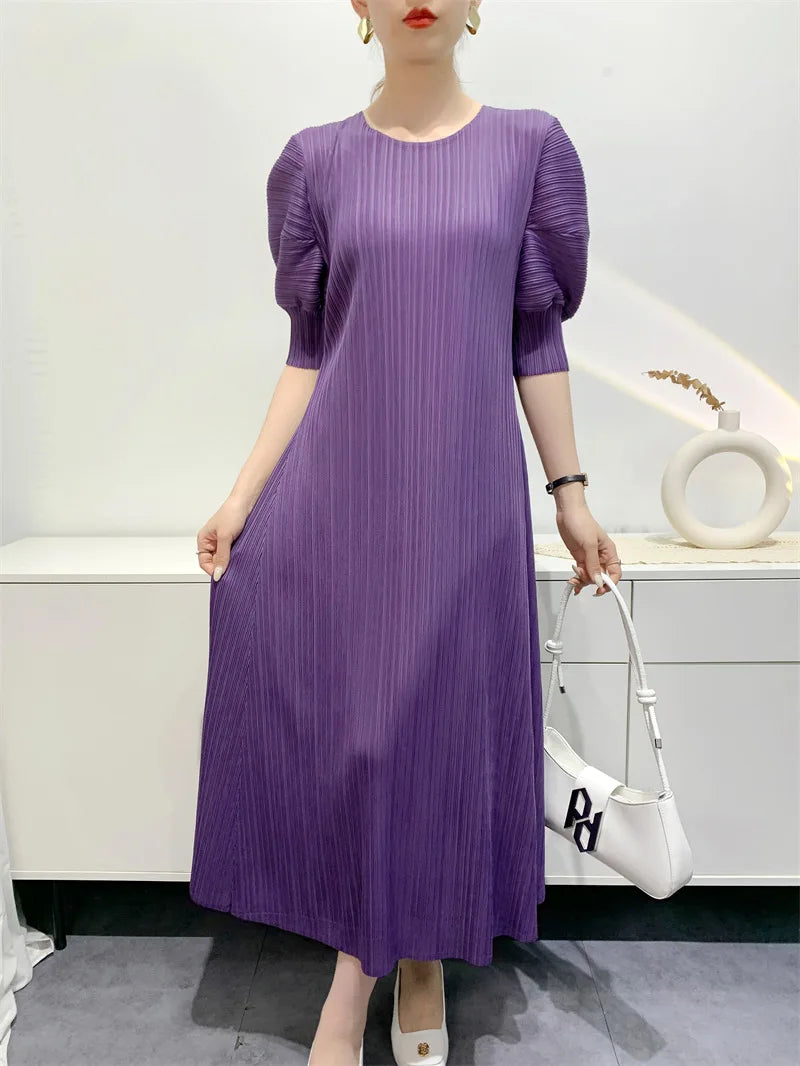 Miyake Pleated Dress 2024 Summer New Round Neck Loose and Comfortable A-line Short Sleeve Maix Dress