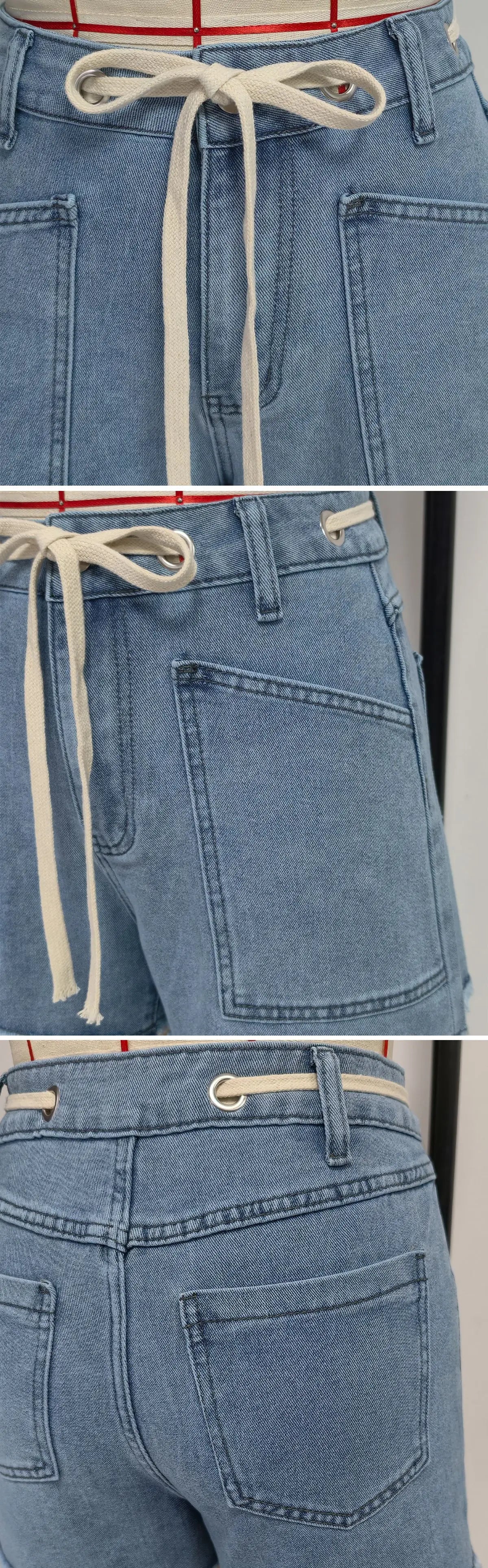Women's High Waist Denim Shorts with Drawstring Front Pockets Frayed Hem Summer Casual Jeans Shorts