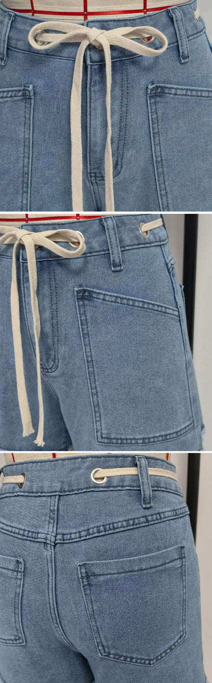Women's High Waist Denim Shorts with Drawstring Front Pockets Frayed Hem Summer Casual Jeans Shorts