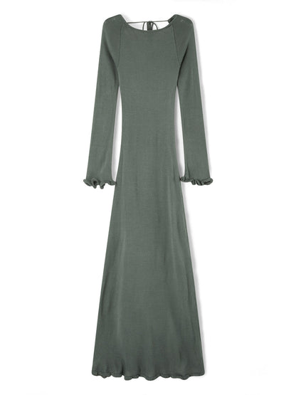 Women's Autumn Winter Knitted Bodycon Dress Long Sleeve Tie Backless Round Neck Solid Color Ruffle Trim Long Dress Beachwear