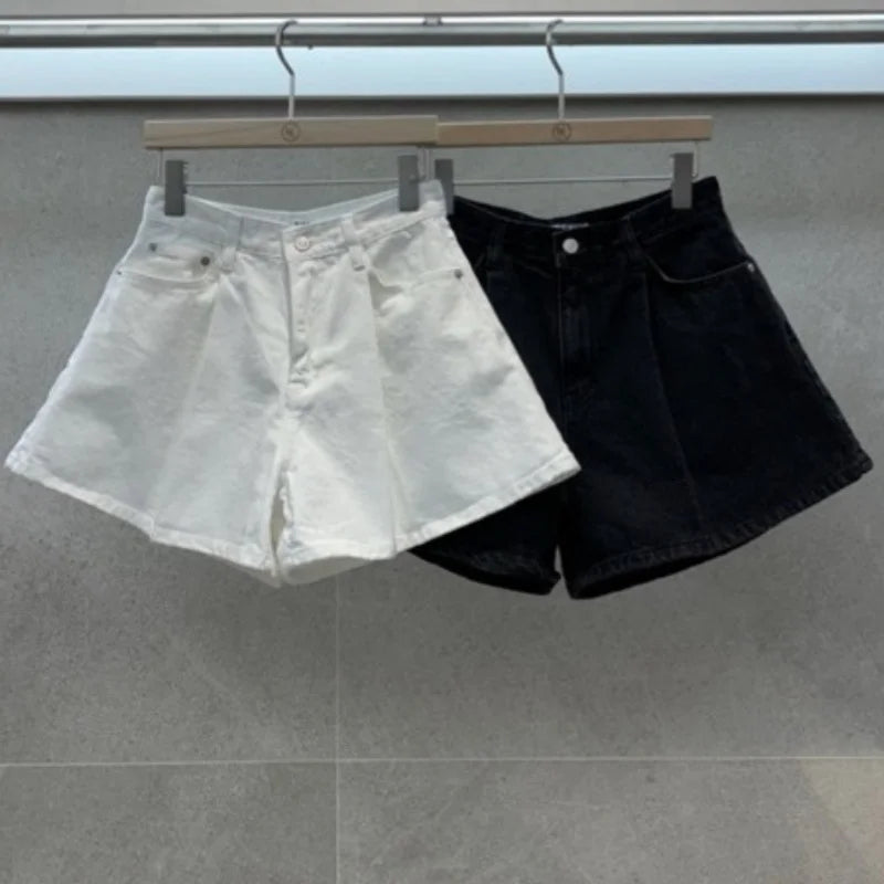 Summer Washed High Waist Women's A-line Denim Shorts Pocket White 2025 New Casual Loose Wide Leg Jeans Shorts Female