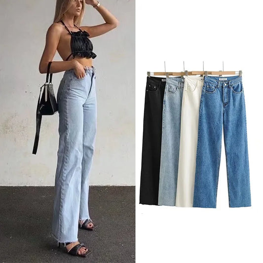 Women's High Waist Jeans 2025 Spring Fall Relaxed Straight Leg Raw Hem Floor-Length Vintage Inspired Daily Uniform