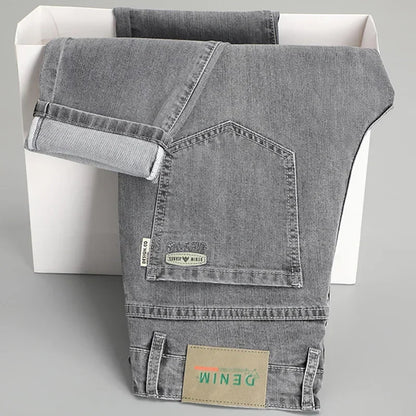 Classic Men Vintage Cloth High Waist Trousers 2024 Autumn Loose Straight Stretch Wash Jeans High Quality Sky Blue Brand Pants