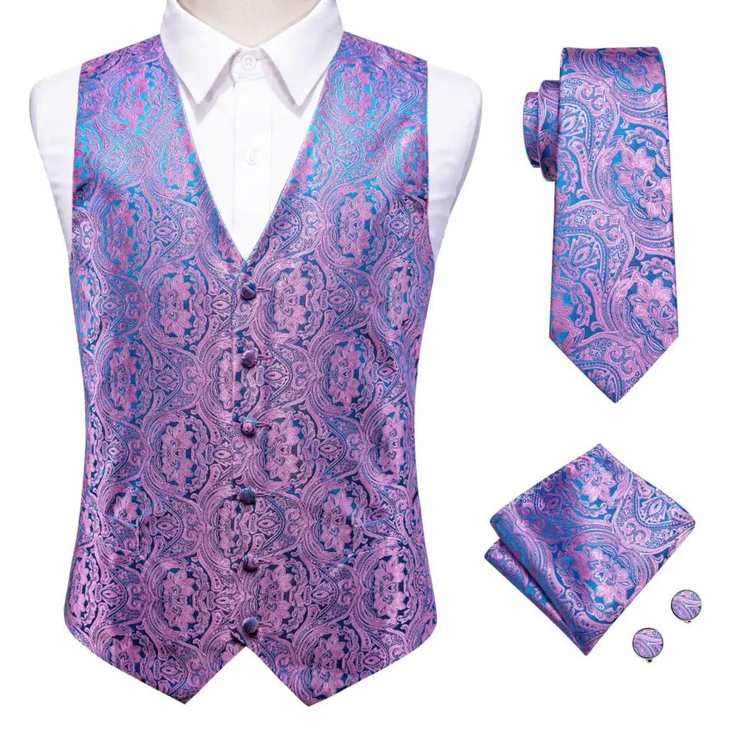 Mens Vests Tie Sets V-Neck Grey Red Purple Blue Green Pink Black Waistcoat Hanky Cufflinks Wedding Business Designer