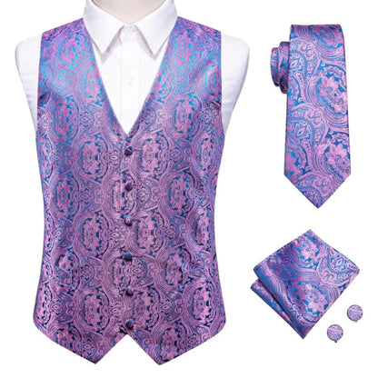 Mens Vests Tie Sets V-Neck Grey Red Purple Blue Green Pink Black Waistcoat Hanky Cufflinks Wedding Business Designer
