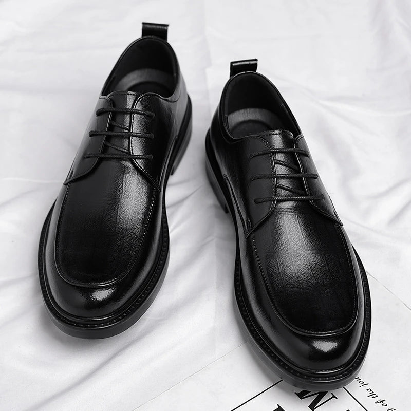 Leather Shoes Men's Four Seasons Business Formal British Casual Commuting Style Black Heightening Wedding Groom's Shoes New