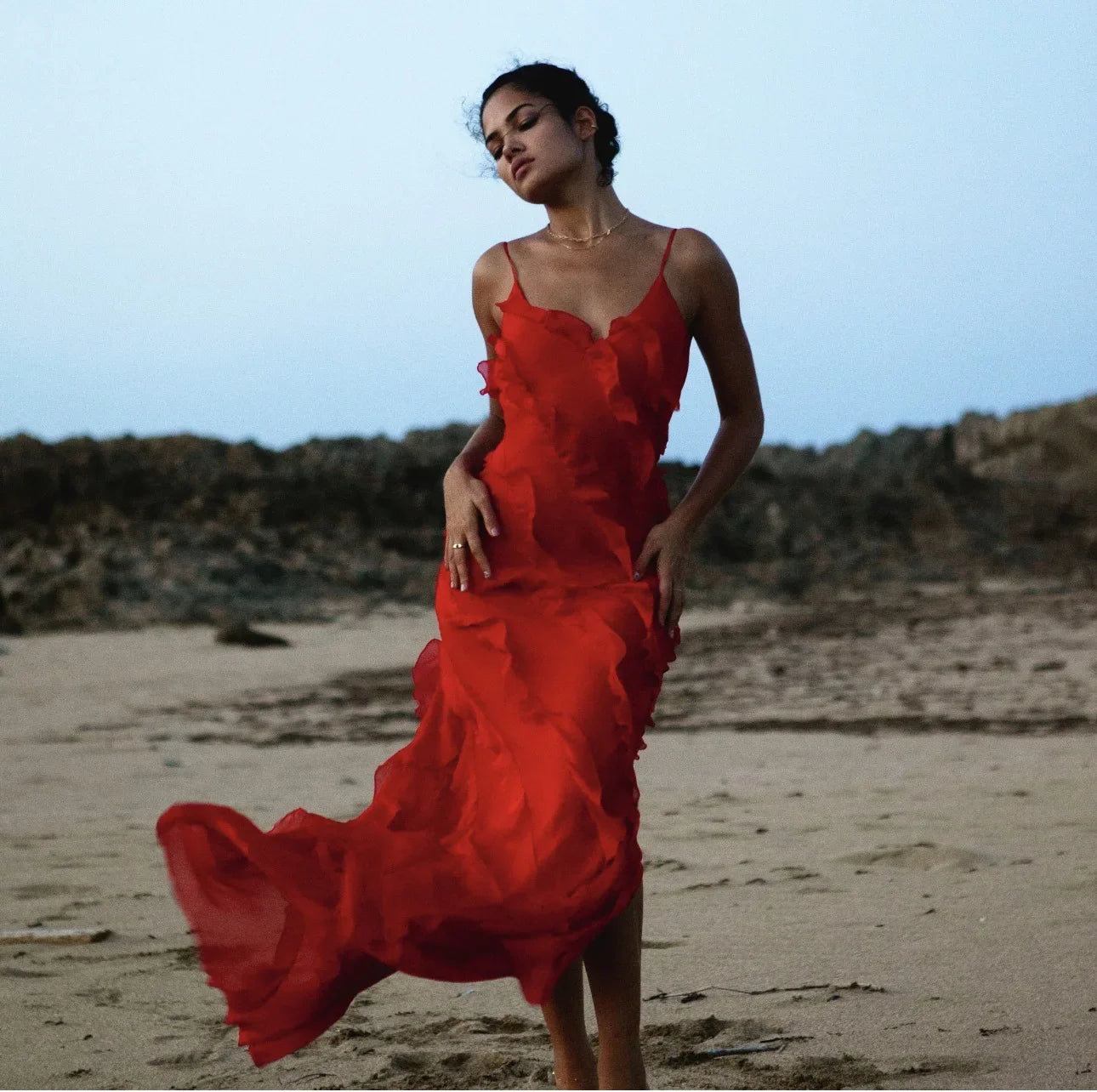 2024 Summer Fashion New Elegant Women's Sexy Chiffon Vacation Style Sling Dress with Ruffle Edge Style Long Dress