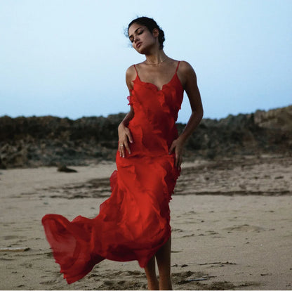 2024 Summer Fashion New Elegant Women's Sexy Chiffon Vacation Style Sling Dress with Ruffle Edge Style Long Dress