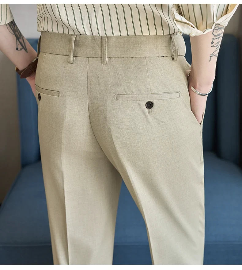 British Style Elastic Waist Men's Casual Slim Fit Trousers Summer High Quality Business Office Dress Wedding Party Suit Pants