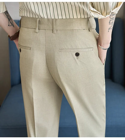 British Style Elastic Waist Men's Casual Slim Fit Trousers Summer High Quality Business Office Dress Wedding Party Suit Pants