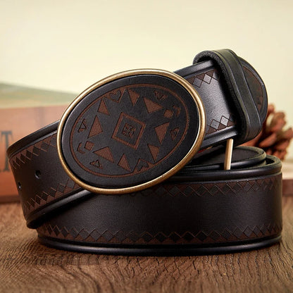 Real Genuine Leather High Quality Brass Buckle Jeans Casual Belt Extra Thick Cowhide Designer Laser Engraved Pattern Men's Belt