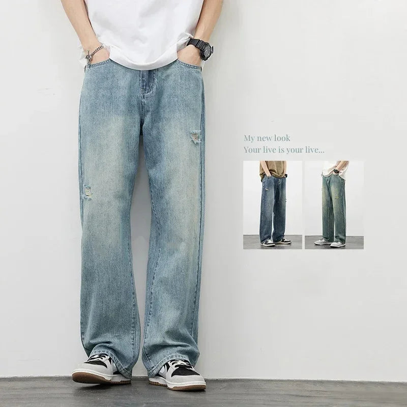 Korea Baggy Jeans Men's Vintage Straight Ripped Y2k Pants Fashion Frayed High Street Distressed Denim Trousers Male Clothes