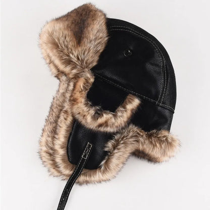 New Leather Winter Hat Faux Fur Lined Pilot Ski Ushanka Thicken Warm Windproof Snow Cap With Ear Flap Men's Hats & Caps