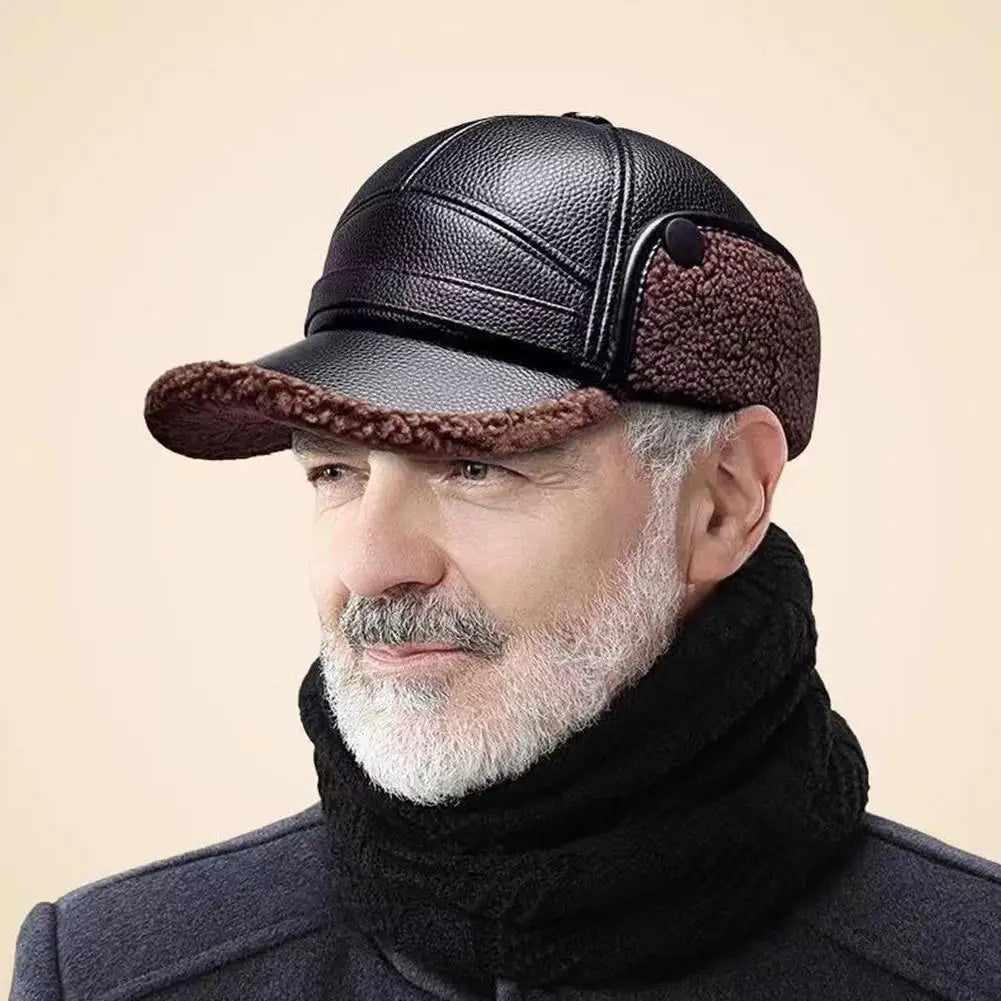 Winter Baseball Cap Men PU Leather Bomber Caps Middle Elderly Dad Hat With Earflaps Thicker Warm Windproof Tongue Hat Keep Warm