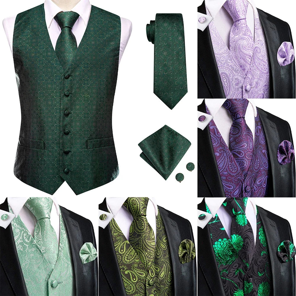 Men Vest Tie Elegant Solid Dress Sleeveless Jacket 4PC Hanky Cufflink Paisley Suit Waistcoat Wedding Gift Hi-Tie