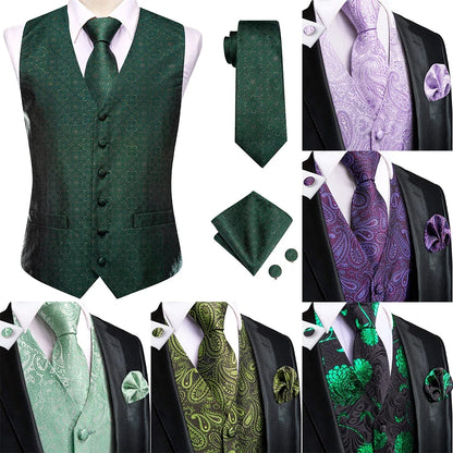 Men Vest Tie Elegant Solid Dress Sleeveless Jacket 4PC Hanky Cufflink Paisley Suit Waistcoat Wedding Gift Hi-Tie