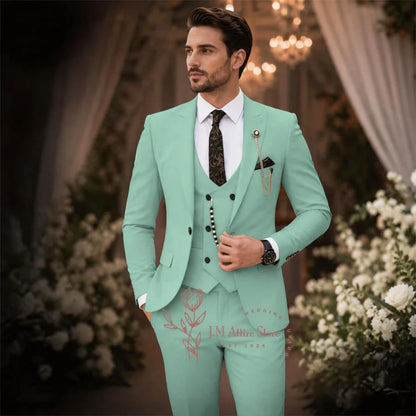 Sage Green Suit Men's 3 Piece Set Peak Lapel Jacket Vest Pants Custom Slim Fit for Wedding Groom Cocktail Party Tuxedo