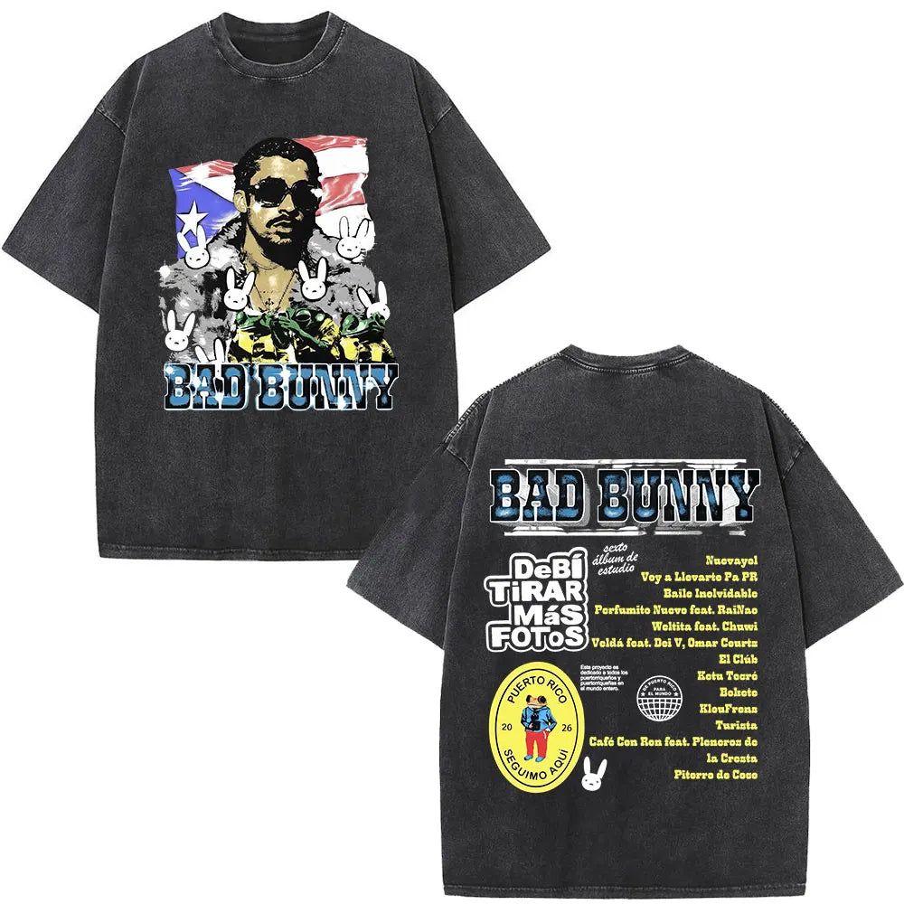 Rapper Bad Bunny Washed Vintage T-shirt Debi Tirar Mas Fotos DTMF World Tour 2026 T Shirts Men Women Fashion Hip Hop T-shirts