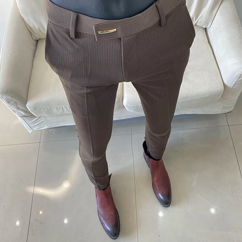 Spring Trousers for Men Slim Fit Straight Leg High-end Feel Business Casual Pants Striped Elegant Formal Dress Long Pants