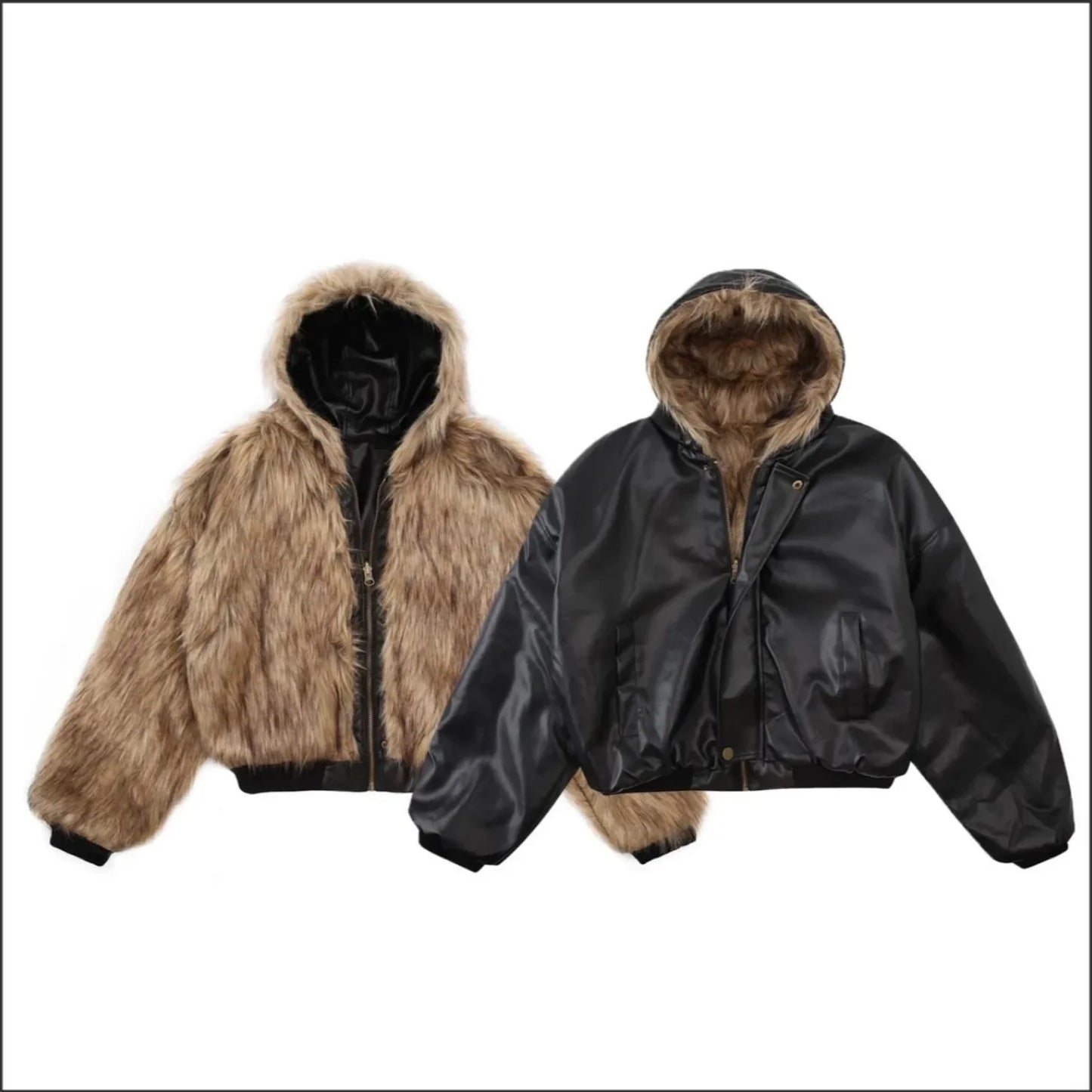 Luxury Vintage Short American Faux Fur Coat New Reversible Wear Hooded Warm Pu Leather Jacket Winter Thick Chic Outerwear New