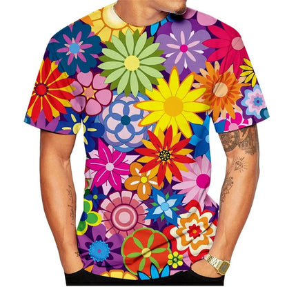 3D Printed Colorful Flower T Shirt For Men Plants Pattern Tees Summer Harajuku Loose Round Neck Tops Short Sleeve Kids T-Shirts