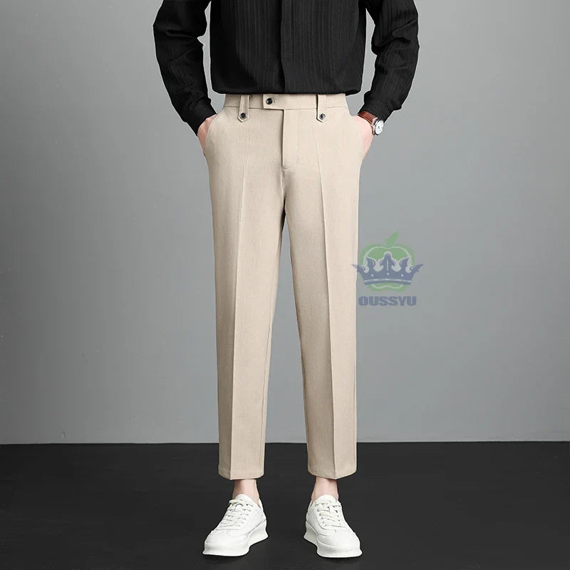 Brand High Quality Business Suit Ankle Length Pants Men Grey Khaki Waist Design Work Office Formal Long Trousers Male