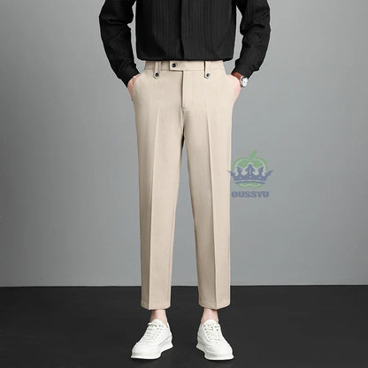 Brand High Quality Business Suit Ankle Length Pants Men Grey Khaki Waist Design Work Office Formal Long Trousers Male