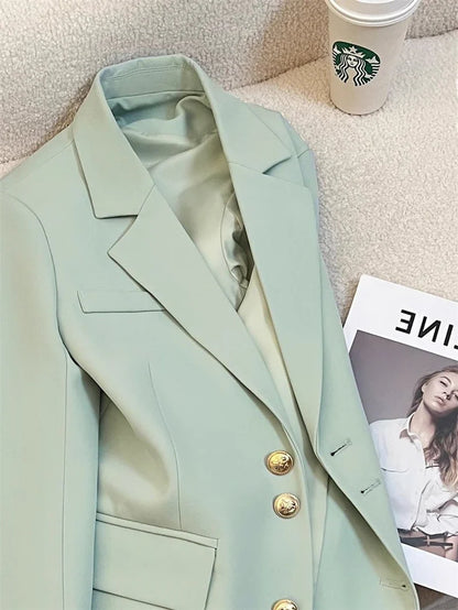 Mint Green Women Blazers 2025 Spring New Jackets Single Breasted Unique Cuff Design Notched Casual Suit Jacket Fashion Lady Coat