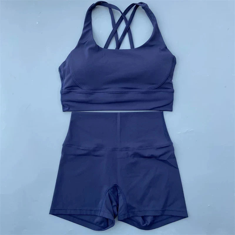 Solid Color gym bike Yoga Set short Legging +cross sport bra Tracksuit  Athletic Women Gym Suit Comprehensive Training Jogging