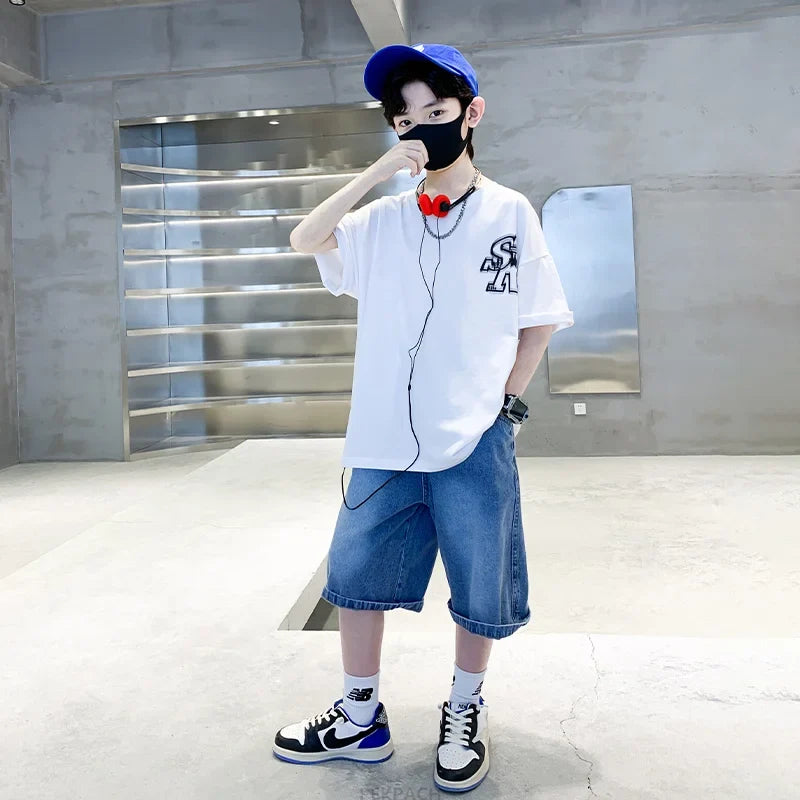 Boys New Summer Clothing Set Kids Short Sleeve T-shirt + Denim Shorts 2pc Sports Outfits for Kids Child Casual Cartoon Tracksuit